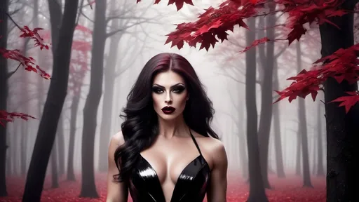 Prompt: Gorgeous muscular 25-year-old Czechian drag queen bodybuilder, beautiful face, wearing a hauntingly beautiful black dress, heavy mascara,  dark red lipstick, a ghostly forest of white trees with red leaves background, god rays through the trees, rim lighting, foggy bleak mood art by Rebeca Saray, Michael Creese, Frank Cadogan Cowper, Yves Saint-Laurent, Thomas Edwin Mostyn, Hiro isono, James Wilson Morrice, Axel Scheffler, Gerhard Richter, pol Ledent, Robert Ryman. Guache Impasto and volumetric lighting. Mixed media, elegant, intricate, beautiful, award winning, fantastic view, 4K 3D, high definition, hdr, focused,