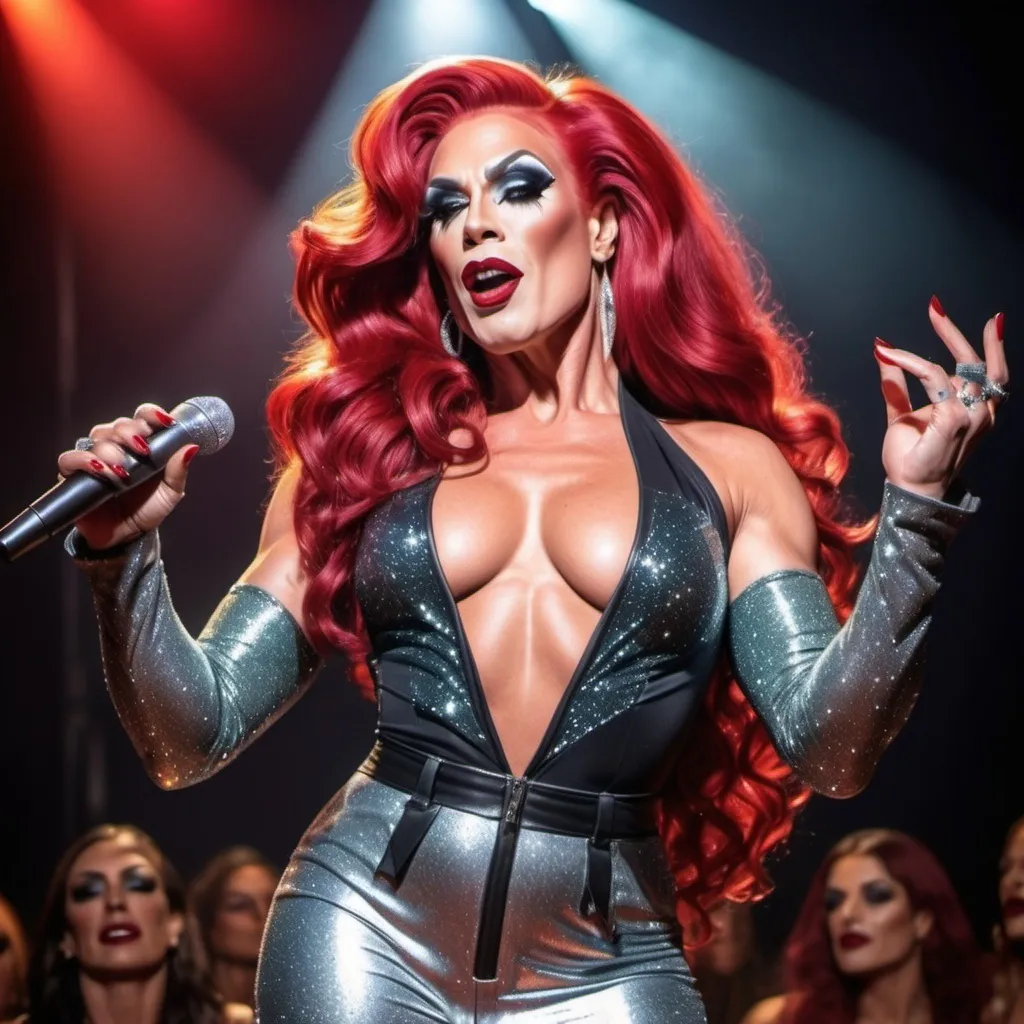 Prompt: Gorgeous muscular 35-year-old superstar drag queen (strong masculine jawline and brow features) with long flowing bright red hair, dark eyeshadow, and dark red lipstick. Glittery sparkly knee-high sliver high heel boots.  Singing at a big concert 