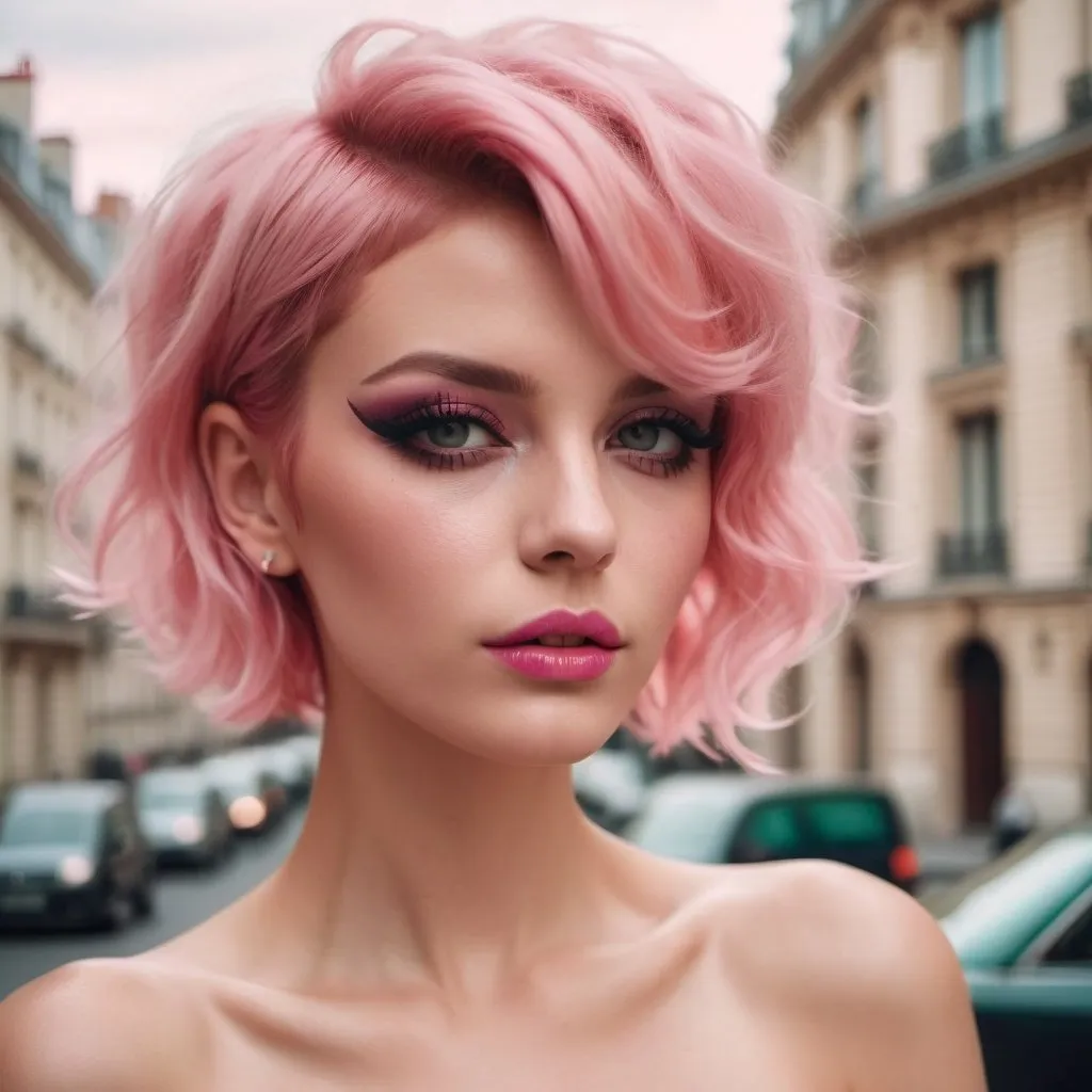 Prompt: Glamour photography of gorgeous 25-year-old czechian woman with huge busom and short pink pixie hair wearing Glamour makeup in paris in the style of Guy Aroch