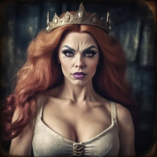 Prompt: Grunge medieval Gorgeous 25-year-old Daphne Blake drag queen bodybuilder (strong drag queen facial features), impasto, old picture effect, whimsical, highres, detailed, medieval, impasto, old picture effect, grunge, Snow White, fairy tale, dark tones, atmospheric lighting