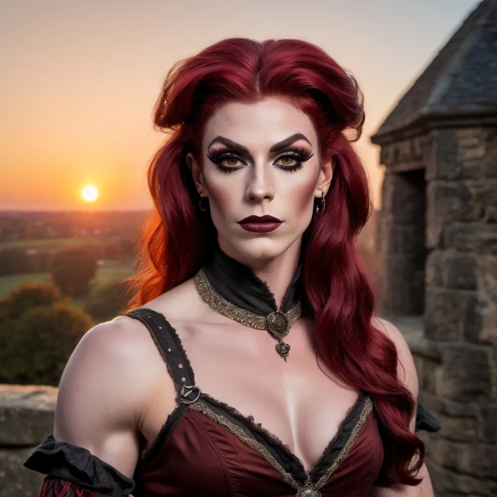 Prompt: Gorgeous muscular 25-year-old British drag queen Pilgrim with dark red hair, very strong masculine jawline and brow,  dark eyeshadow and dark red,  posing in 17th century America at sunrise.