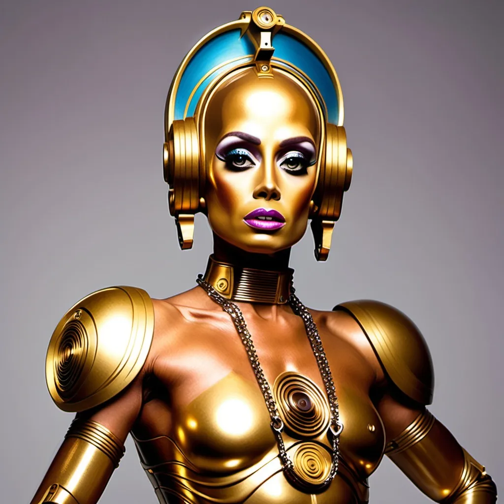 Prompt: If c3po was a gorgeous muscular drag queen.