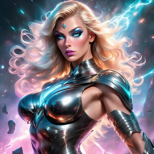 Prompt: splash art, hyper detailed, hyper realistic, highly detailed, dark, surreal heavy mist, floating at the edge of the world, With the Milkyway galaxy in the background,

Focused on a computer generated hologram of a beautiful, ultra realistic, ultra muscular, 25-year-old Norwegian drag queen, bodybuilder, Time Guardian Goddess, wearing Obsidean Armor,

Gorgeous, highly detailed facial features, long legs, vibrant sumptuous perfect body, ultra pale, visible midriff,

Wielding an electric sword

Perfect studio lighting, perfect shading. HDR, UHD, high res, 64k, cinematic lighting, special effects, hd octane render, professional photograph, trending on artstation, .