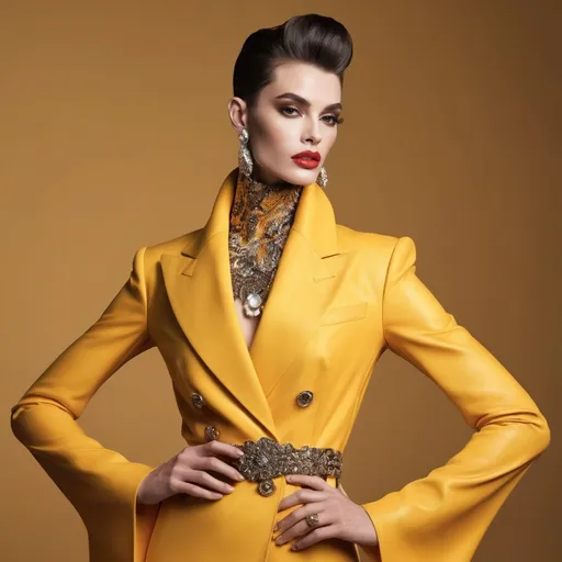 Prompt: A mesmerizing portrait graces the cover of an elite fashion magazine, capturing the essence of high-end sophistication. Set against a sunrise-yellow backdrop, the gorgeous, muscular, Polish, drag queen (slight masculine jawline and brow features), model exudes confidence and allure, adorned in exquisite fashion garments that epitomize elegance and class. This breathtaking image transcends traditional notions of style, embodying an innovative vision of haute couture that pushes the boundaries of modern aesthetics.