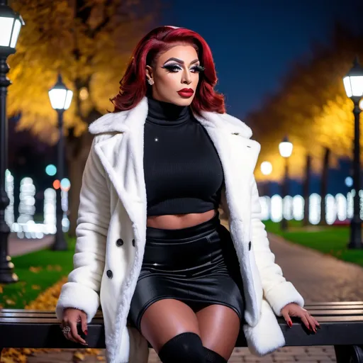 Prompt: Gorgeous ultra-muscular 25-year-old Israeli drag queen bodybuilder with medium length dark red stylish hair, pale skin, sitting on a park bench with her legs crossed, pensive expression, wearing a short black skirt, a black turtleneck sweater, black knee socks, a white wool coat, snowy outdoor scene, 8K photo, nighttime under street lamp.