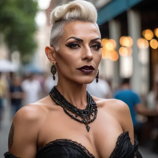 Prompt: High resolution (8K or UHD), soft natural lighting, and realistic depth of field "shot on a Sony A7R IV, 50mm f/1.8 lens, ISO 100 of a Gorgeous, very muscular, suntanned, 35-year-old, suntanned, Turkish drag queen (with strong masculine facial features, dark lipstick, huge busom, blonde hair) in a Victorian shawl Open fronted