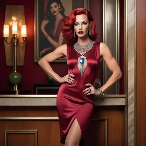 Prompt: Beautiful muscular 35-year-old European drag queen (masculine jawline and brow features) model, olive skin, blue-eyed, long dark orange hair, smiling, jewel neck red blouse, maroon pencil skirt, silver pendant earrings, athletic physique, long shapely legs, red Prada high heel boots, standing in an art deco foyer, 8k, ads fashion editorial, high quality, art deco, elegant, magazine cover photography, detailed eyes, intricate jewelry, fashion, luxurious, indoor lighting