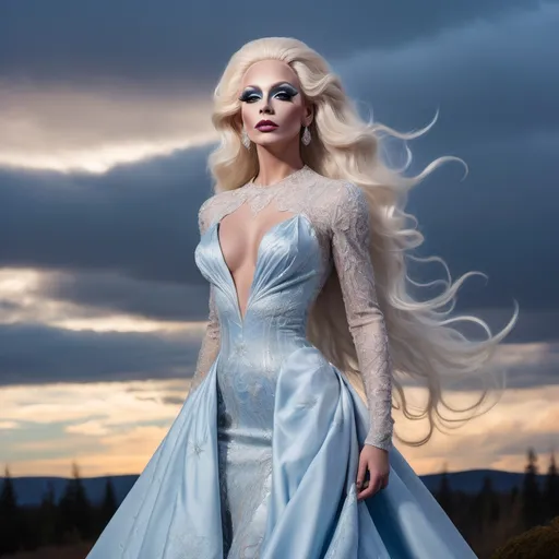 Prompt: (masterpiece), (best quality), (ultra-detailed), A gorgeous 25-year-old Finnish drag queen standing gracefully, her delicate figure silhouetted against the backdrop of a breathtakingly beautiful sky. The air is filled with a sense of serene tranquility as the wind gently rustles through her hair, causing the extremely delicate and beautiful fabric of her dress to billow softly around her. As she gracefully moves, flying splashes of water and petals accompany her, caught up in the ethereal dance of the wind. The scene is a symphony of beauty, with every detail meticulously crafted to evoke a sense of wonder and awe