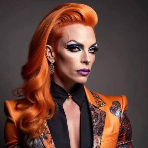 Prompt: Gorgeous muscular 35-year-old British drag queen (masculine jawline and brow features) with shoulder length stylish orange hair (Cavalli outfit), high fashion, (luxurious fabric), intricate detailing, dramatic silhouette, bold patterns, pastel colors, modern and stylish, runway-ready, beautifully styled, expressive poses, atmospheric lighting, artistic composition, edgy accessories, urban chic background, (trendy environment), cinematic aesthetic, ultra-detailed, high quality, shoulder length Brunette hair.