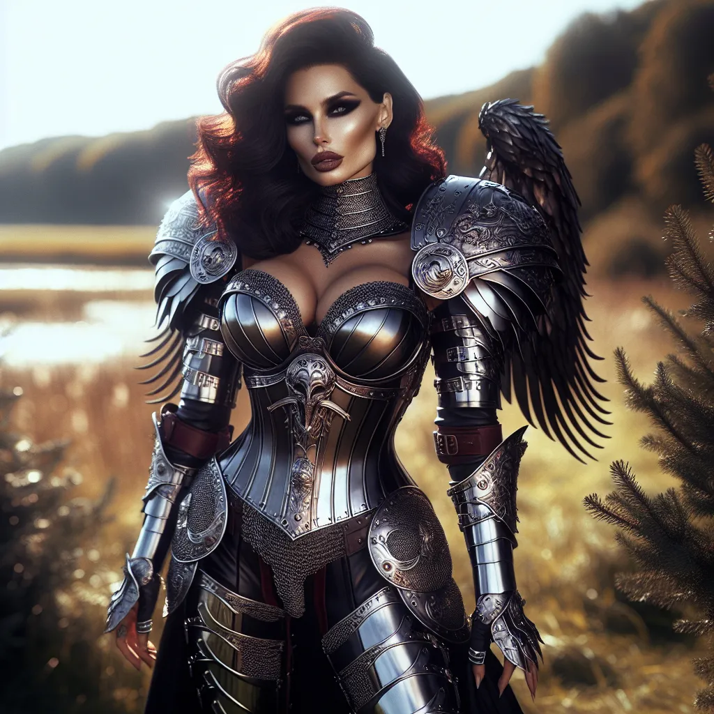 Prompt: Tall, gorgeous, ultra-muscular muscular, 25 year old goddess, (masterpiece:1.2, best quality:1.2, high quality, highres:1.1), (Best Quality), ((Photo Realistic)), (Full body portrait), ((Professional photography)), Norwegian warrior queen, layered dark red hair, black eye shadow, dark red lips, huge busom, intricate armored battle dress, thigh-high 8 inch stiletto high heel boots, ((intense metal reflections)), outdoors, gold, angelic armor and leather, professional lighting, blurry background, soft focus