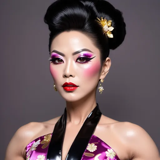 Prompt: The most beautiful muscular 35-year-old Japanese drag queen (with very strong masculine jawline and facial features) with stylish black shiny updo hair and large busom.  Wearing a sassy, cute, stylish, colorful kimono style dress and 8 inch platform stiletto high heel knee-high boots.  Dark eyeshadow,  dark lipstick,  heavy mascara. 