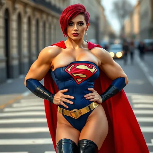 Prompt: Gorgeous ultra-muscular 25-year-old French drag queen bodybuilder dressed as superman with 8 inch stiletto high heel boots, posing in the street. Short red hair. Dark eye shadow. Dark red lipstick.