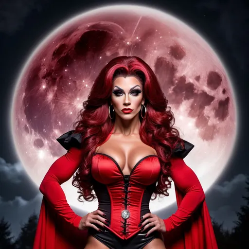 Prompt: a gorgeous muscular 25-year-old Romanian drag queen bodybuilder in a witches costume standing in front of a full moon, promotional art, strong red hue, ign, (dark long curly hair), heavily upvoted, inspired by Greg Staples, bright red, wearing corset, 8 inch stiletto high heel shoes.