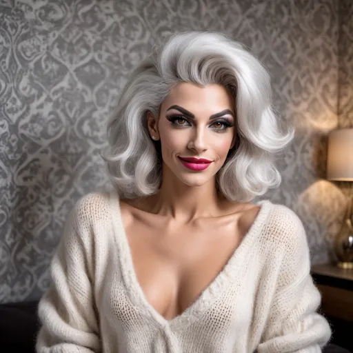 Prompt: Gorgeous muscular 25-year-old silver-haired French drag queen (masculine jawline and brow facial features) in a modern home, against a wall with wallpaper and furniture background
wearing long cable knitted angora mohair sweater , (extremely fluffy:1.8) angora mohair sweater, from side, looking at viewer, smile, (full lips:1.8), dark red lipstick, daek eyeliner, dark makeup, 8k, very detailed, green eyes, very detailed eyes,
source_real, raw, photo, amateur, french drag queen, Close-Set Eyes, [eyecolors violet], full lips, high cheekbones, weak receding chin, burgundy, lob, light blue, lip gloss, __15JeweleryMaterials__ __14Piercing__, large busom,  gorgerous, outdoor, portrait, , highly detailed, detailed skin, depth of field, film grain
(photorealistic) (bokeh) (intricate details) (cinematic lighting) (sharp focus)
