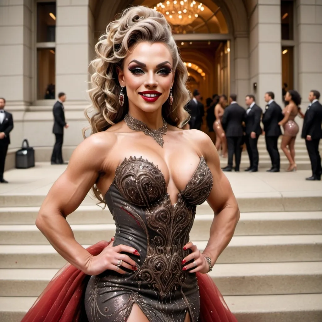 Prompt: Glamour photography of Gorgeous ultra-muscular 25-year-old (Caucasian) Russian drag queen bodybuilder with a huge busom, and very long wavy black & grey tight updo hair on the Met Gala steps in New York wearing designer bronze and red gown with long train, intricate details, glitter and jewels, posed 3/4 turn standing, smile, in the style of Guy Aroch