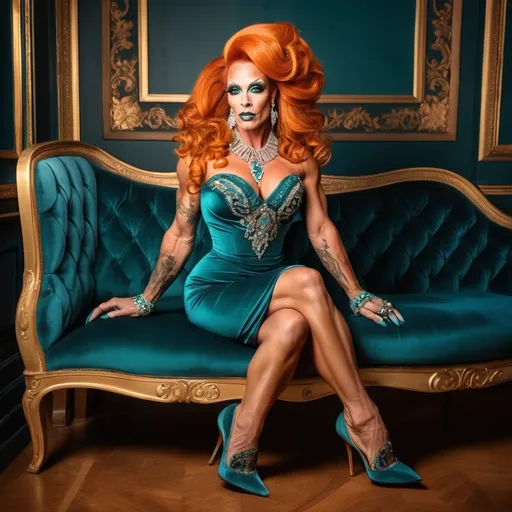 Prompt: Gorgeous muscular 35-year-old caucasian French drag queen bodybuilder with big busom and orange hair, diamond jewelry, intricate masculine facial features, elegant & elaborate teal formal dress with velvet and lace detailing, olive skin, teal high heels, sitting for a portrait photo, luxe belle epoch parlor, 8k, detailed, elegant, intricate details, Parisian vibe