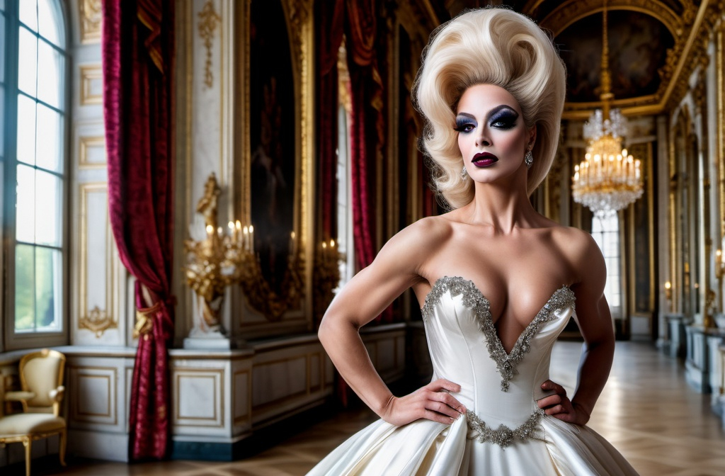 Prompt: High-definition live action digital photograph Design a modern glamorous wedding dress worn by a real life gorgeous French drag queen bodybuilder model, dress to be daring and glamorous and elegant, dark eye makeup, dark lipstick.  Posing in the Palace of Versailles.