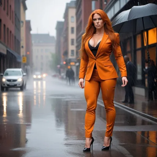 Prompt: A picture of a Gorgeous ultra-muscular 25-year-old Swedish goddess bodybuilder with huge busom and ridiculously long flowing burnt orange hair wearing a stylish business suit and 8 inch stiletto high heel shoes walking in the rain and looking directly at the camera from a medium distance.