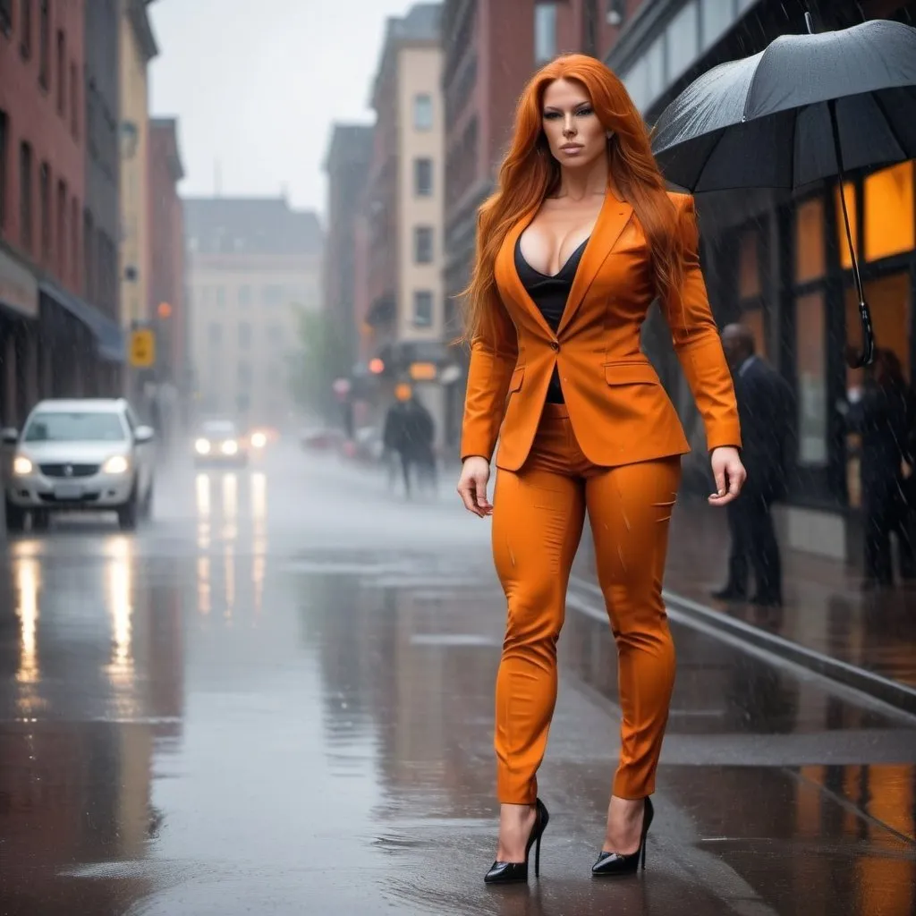 Prompt: A picture of a Gorgeous ultra-muscular 25-year-old Swedish goddess bodybuilder with huge busom and ridiculously long flowing burnt orange hair wearing a stylish business suit and 8 inch stiletto high heel shoes walking in the rain and looking directly at the camera from a medium distance.