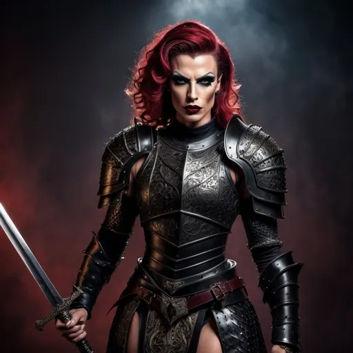 Prompt: A gorgeous muscular 35-year-old British drag queen (medieval knight), (black armor), gripping sword in hand, fierce expression (strong masculine jawline and brow features), dramatic pose, intricate armor details, dark and moody color palette, dark eyeshadow and dark red lipstick, cinematic lighting, highly detailed, stormy background, strong and powerful presence, evokes a sense of bravery and strength, captivating and intense atmosphere, ultra-detailed, 4K resolution, ready for battle. Full body view