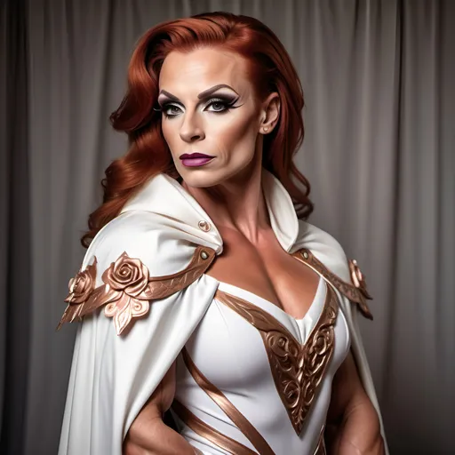 Prompt: Gorgeous muscular 35-year-old Polish drag queen bodybuilder (with strong masculine jawline and brow) with crimson-auburn hair, wearing a regal tunic, ivory white, with armor sewn into the fabric. Cascading cape, draping from the shoulder lapel. Cottage core aesthetic. Delicate rose gold detailing.