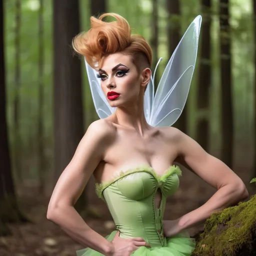 Prompt: Gorgeous 25-year-old (caucasian) muscular French drag queen ((strong masculine jawline and brow)) with fit figure, and long strawberry-blonde updo hair (((blowing in the wind))), dressed as Tinkerbell, sheer nylon stockings, and 8 inch stiletto high heel shoes, posing in the forest, pixie dust in the air..