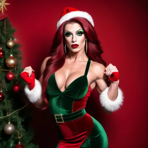 Prompt: A gorgeous muscular 25-year-old Polish Christmas drag queen bodybuilder (with very strong masculine facial features) with large busom, dark eye makeup, dark lipstick,  and long dark red hair, wearing a very festive red and green velvet Christmas outfit,  and 8 inch stiletto high heel shoes.  North pole background. 