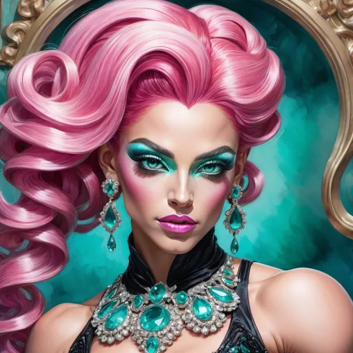 Prompt: Gorgeous ultra-muscular 25-year-old Italian drag queen bodybuilder, pink hair pinned up, fuscia, teal, black dress, earrings, Watercolor, trending on artstation, sharp focus, studio photo, intricate details, highly detailed, by  Josephine Wall and Jasmine Becket-Griffith