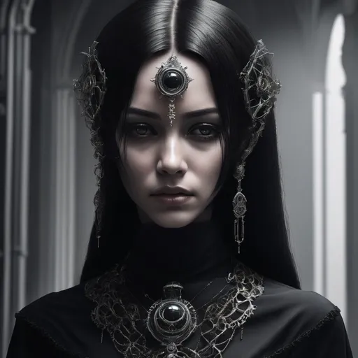 Prompt: Unleashing the power of cybernetic sci-fi with ornate gothic details and intricate minimalism, this woman in black with fake hair and metalwork jewelry is an eye-catching masterpiece of eerily realistic beauty.