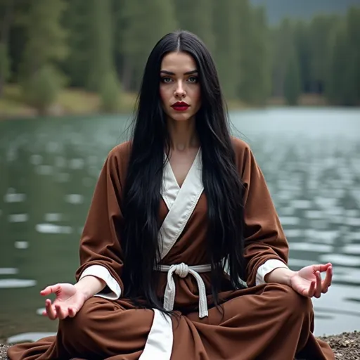 Prompt: Gorgeous ultra-muscular25-year-old Swedish drag queen with long straight shiny black hair, meditate, wisdom, Brown and white robes, laidback relaxed, dark heavy mascara, dark red lipstick. Meditating in a serene wilderness setting by a lake.