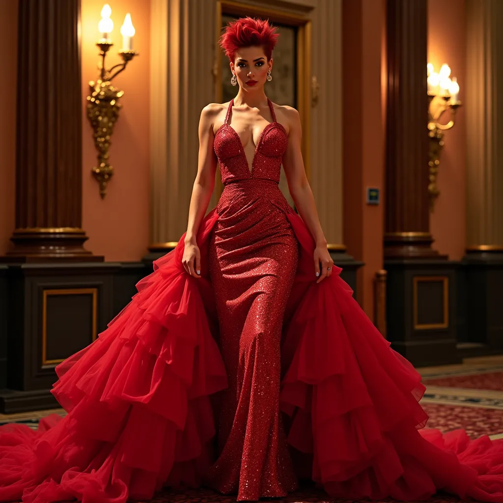 Prompt: A gorgeous ultra-muscular 25-year-old French drag queen bodybuilder with short spiky swept over dark red hair (in a stunning long shaped Moschino dress), capturing an elegant poise, set against a glamorous backdrop, rich colors blended into a high contrast scene, soft ambient lighting highlighting the dress details, stylish accessories enhancing the royal aesthetic, flowing fabric, luxurious textures, surrounded by a warm and inviting atmosphere, high definition, ultra-detailed, fashion photography.