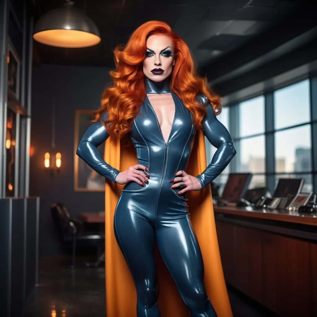 Prompt: High-resolution, cinematic-style photograph featuring a gorgeous ultra-muscular 25-year-old French drag queen bodybuilder with fair skin and bright orange hair styled in elegant waves dressed as Jean Grey, The Phoenix (with dark thick mascara, dark sparkling eyeshadow,  and dark red lipstick) wearing 8 inch stiletto high heel boots. Posing in and intergalactic setting.