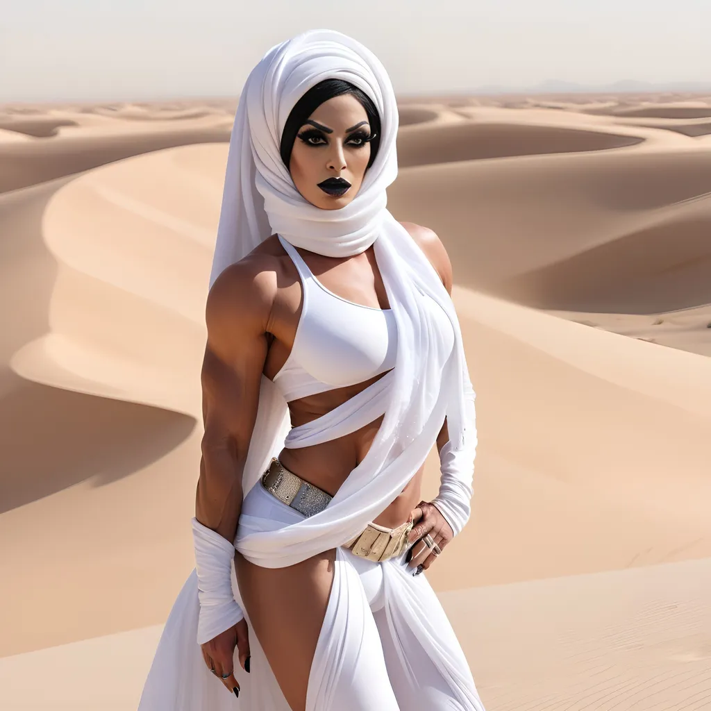 Prompt: Gorgeous muscular 35-year-old Arabic drag queen, sand background, desert background, dune background, captivating, black hair, wearing an armorer white desert outfit fully covering her body, and a white scarf wrapped around her head