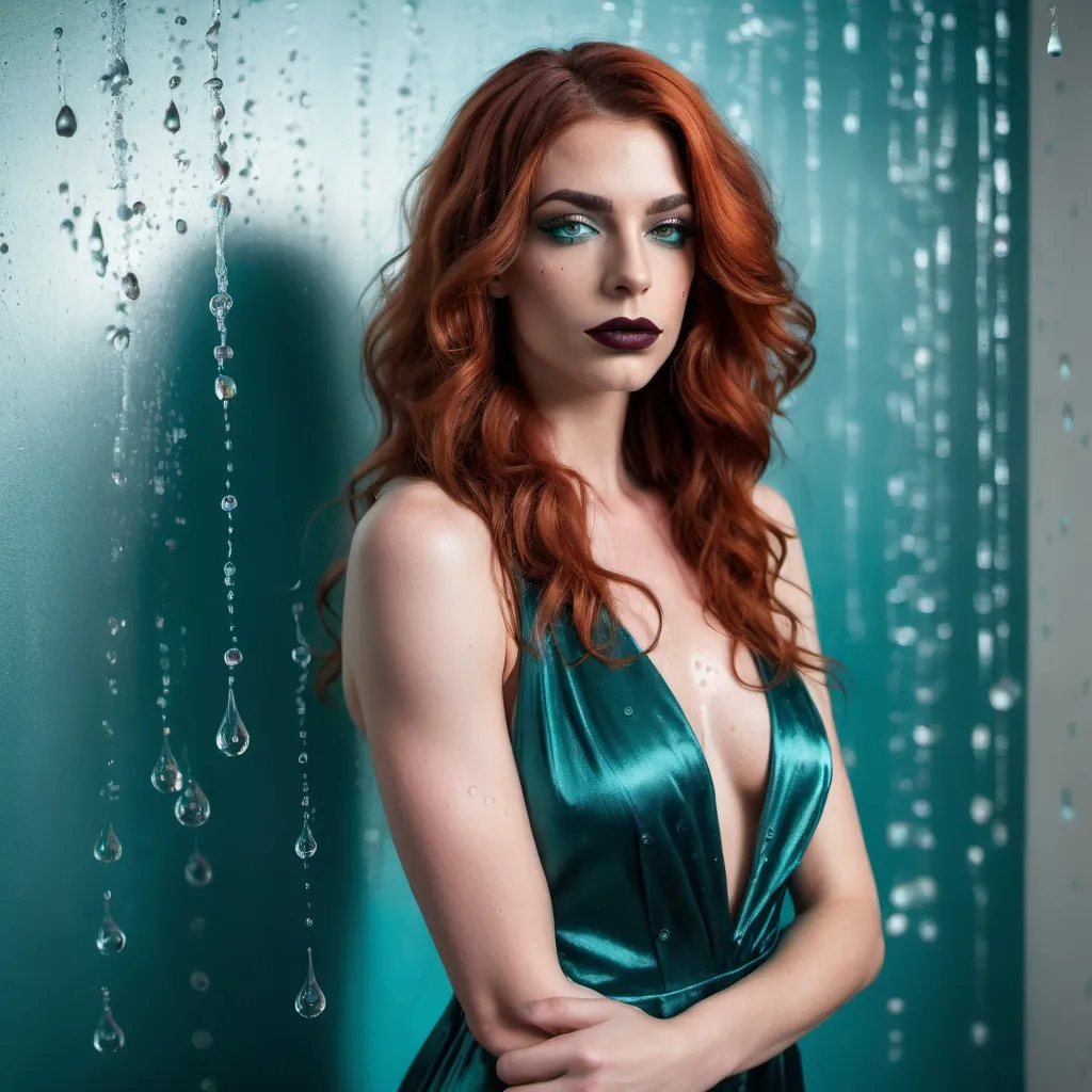 Prompt: The image is a full body portrait of a gorgeous muscular 25-year-old French transwoman with dark orange wavy hair, dark eyeshadow,  and dark lipstick (with strong masculine jawline and brow) posing in a teal satin dress. She is standing in front of a white wall with water droplets cascading down it. The dress is made of a shiny, satin-like material and has a high neckline with a lace overlay. The drag queen is wearing large, dangling earrings. She has a gold clutch in her hand and is looking directly at the camera with a serious expression. The overall mood of the image is elegant and sophisticated.