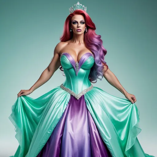 Prompt: Hyper realistic image of a Gorgeous muscular 25-year-old German drag queen bodybuilder with huge busom, dressed up as Ariel, dressed as a queen wearing a floor-length ball gown in her iconic seafoam-green and ombre purple. The dress should be elegant and regal with detailing on the skirt.