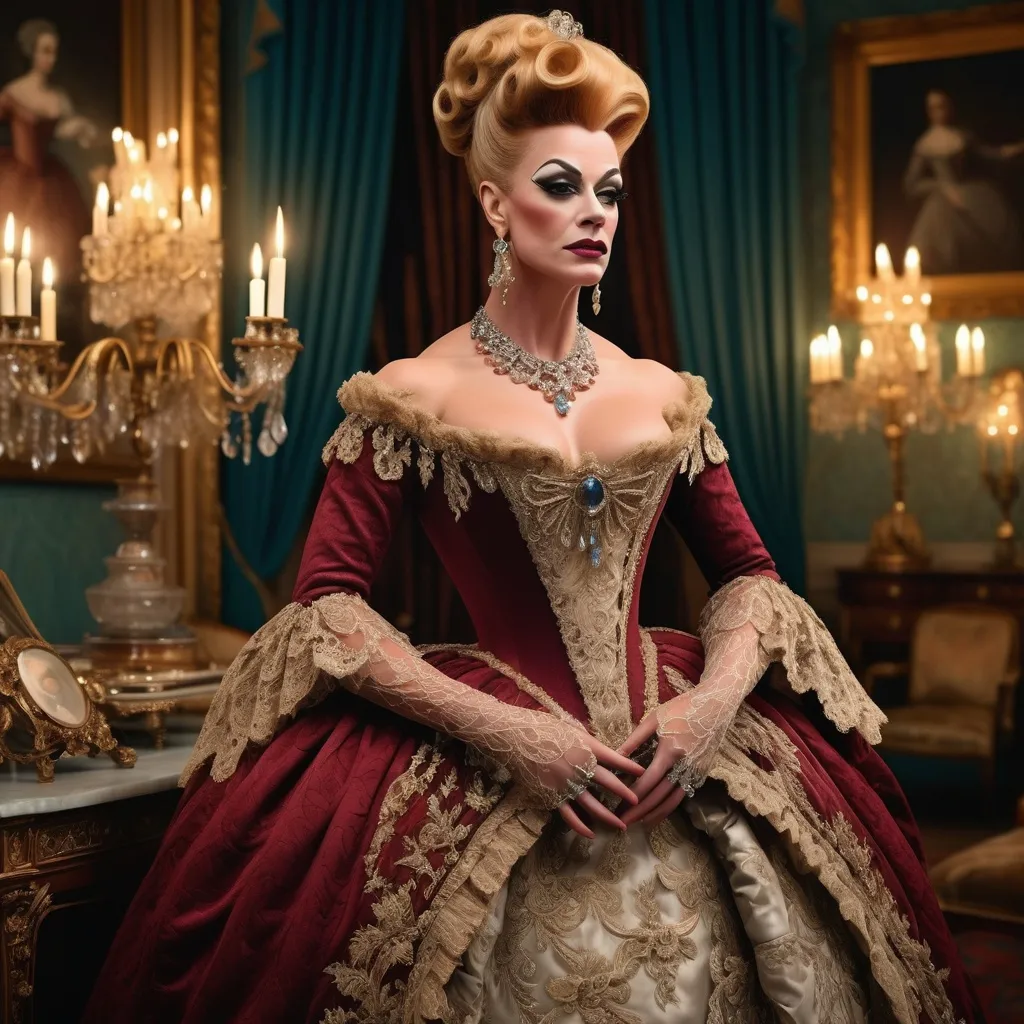 Prompt: (elegant 1600s gorgeous muscular British drag queen (masculine jawline and brow features)), historically accurate gown, adorned with intricate lace, lavish sparkling jewelry, (soft warm lighting), standing in a beautifully designed parlor, rich color tones, opulent decor, (highly detailed textures), saturated hues, atmospheric elegance, inviting ambiance, (4K ultra-detailed), artistry that captures the essence of wealth and sophistication.