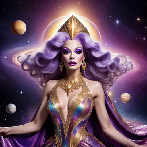 Prompt: The most beautiful drag queen on Saturn wearing the traditional Saturn dress.