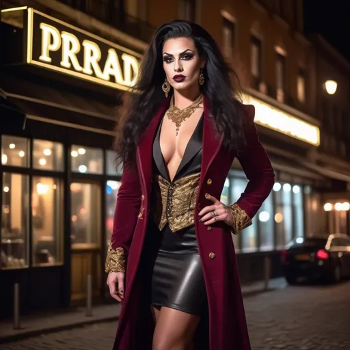 Prompt: Gorgeous ultra-muscular 25-year-old Italian drag queen (masculine jawline and brow facial) features bodybuilder with huge busom and ridiculously long styled black hair, wearing a maroon tailcoat with gold trim, black miniskirt, 8 inch stiletto high heel Prada boots, standing outside Stockholm nightclub at night, 8k photo, high detail, elegant, glamorous, nightlife, sophisticated, detailed makeup, wavy hair, luxurious attire, atmospheric lighting