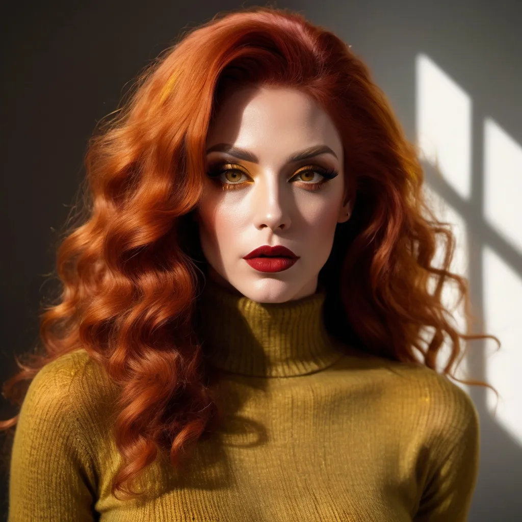 Prompt: (French drag queen with long curly red hair), wearing an olive long knitted yellow turtleneck shirt and skinny jeans, dark ete makeup, dark lipstick,  masculine jawline and brow, (close up,low angle shot ), inside a softly lit room, (white curtains gently swaying),  captured in an extremely detailed (oil painting style), (photorealistic), sunlight streaming through the woman  , she is looking out the window and  holding the curtains with her hands ,(artistic modeling pose) ,high resolution , detailed , bright colors