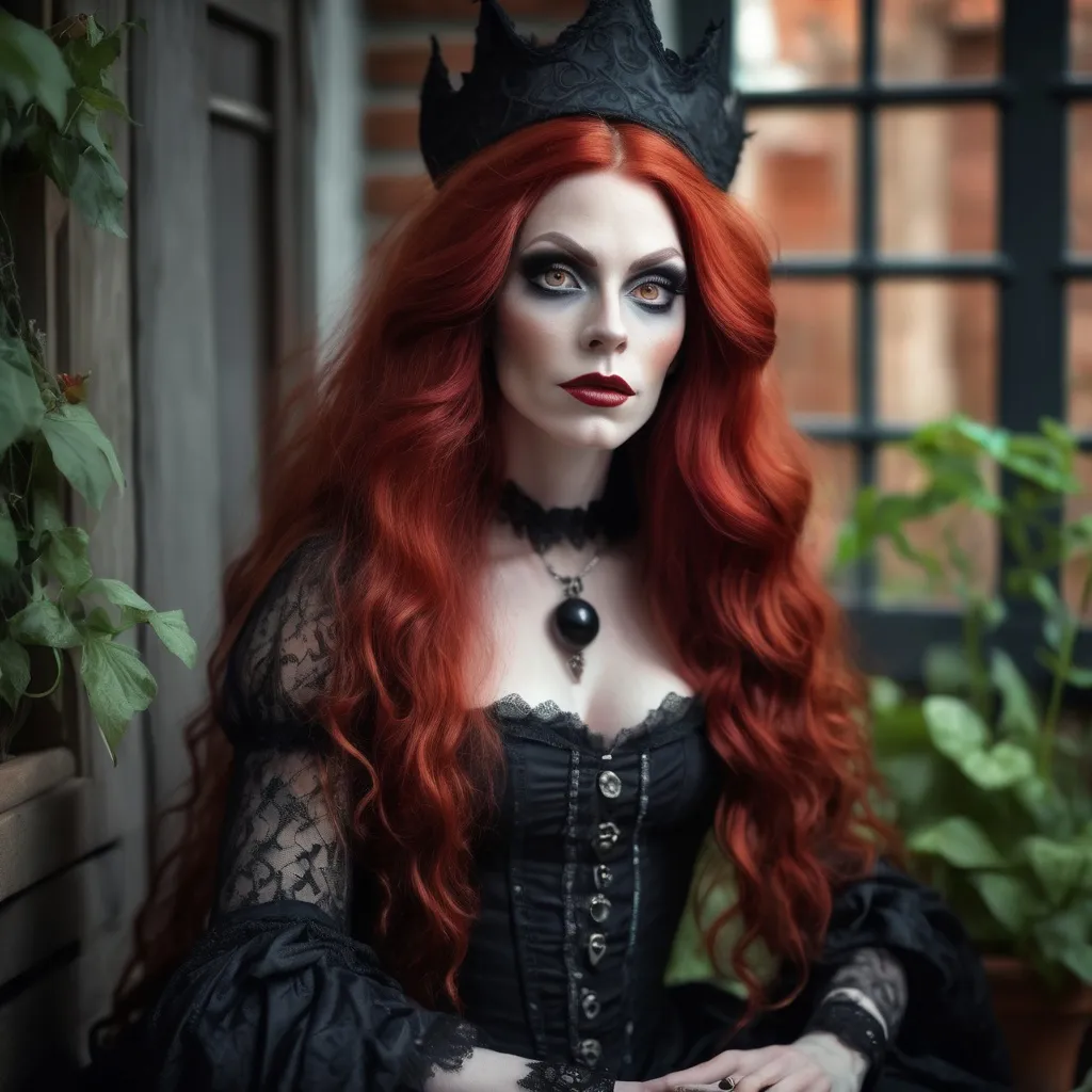 Prompt: young stunningly gorgeous rag queen witch, deep gray eyes, deep look, very long red hair, light contrast, baroque intricate portrait, young drag queen witch sitting in her garden house