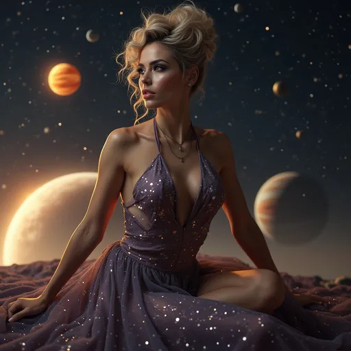 Prompt: Gorgeous muscular 35-year-old French drag queen Goddess with salt and pepper updo hair with stars in her eyes wearing a short flowing star covered halter top gown sitting on a planet looking out into space. Background is the solar system 
