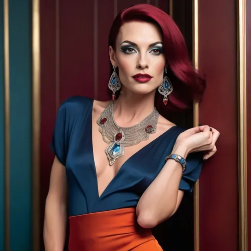 Prompt: Beautiful muscular 35-year-old European drag queen (masculine jawline and brow features) model, olive skin, blue-eyed, long dark orange hair, smiling, jewel neck red blouse, maroon pencil skirt, silver pendant earrings, athletic physique, long shapely legs, red Prada high heel boots, standing in an art deco foyer, 8k, ads fashion editorial, high quality, art deco, elegant, magazine cover photography, detailed eyes, intricate jewelry, fashion, luxurious, indoor lighting