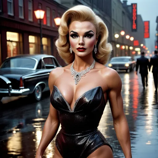 Prompt: Young Burt Reynolds dress as A hyper realistic flawless 25-year-old gorgeous Austrian drag queen bodybuilder with red hair walking the streets as a classy debutante on a dark and rainy night. Heavy eye makeup. Dark red lipstick.