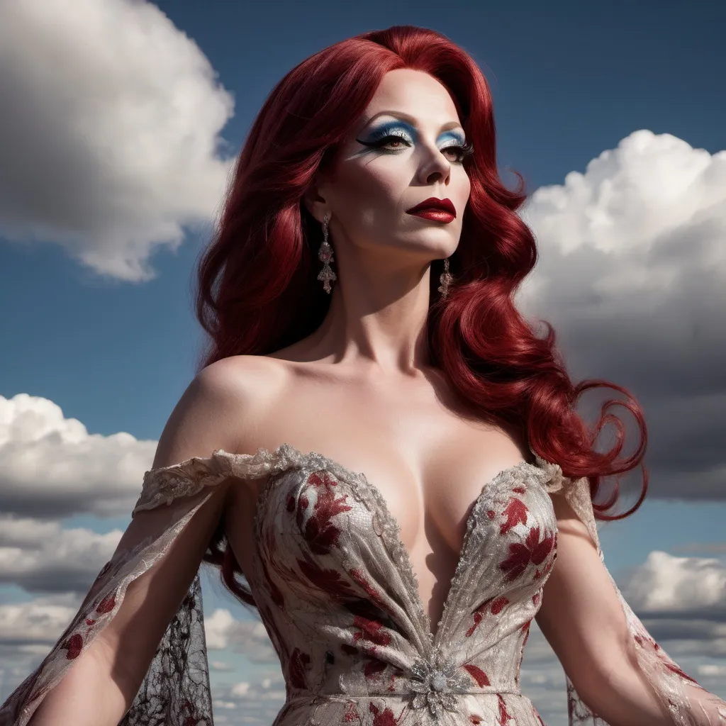 Prompt: (masterpiece), (best quality), (ultra-detailed), A gorgeous 35-year-old Finnish drag queen standing gracefully, her delicate figure silhouetted against the backdrop of a breathtakingly beautiful sky. The air is filled with a sense of serene tranquility as the wind gently rustles through her  dark red hair, causing the extremely delicate and beautiful fabric of her dress to billow softly around her. As she gracefully moves, flying splashes of water and petals accompany her, caught up in the ethereal dance of the wind. The scene is a symphony of beauty, with every detail meticulously crafted to evoke a sense of wonder and awe