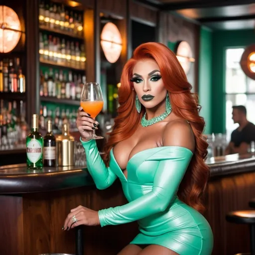 Prompt: Gorgeous ultra-muscular 21-year-old Czechian drag queen bodybuilder with huge busom and long styled burnt orange hair, wearing a mint green short dress and dark lipstick, smokey eyes and 8 inch stiletto high heel shoes sitting at a luxurious bar drinking a cosmopolitan.