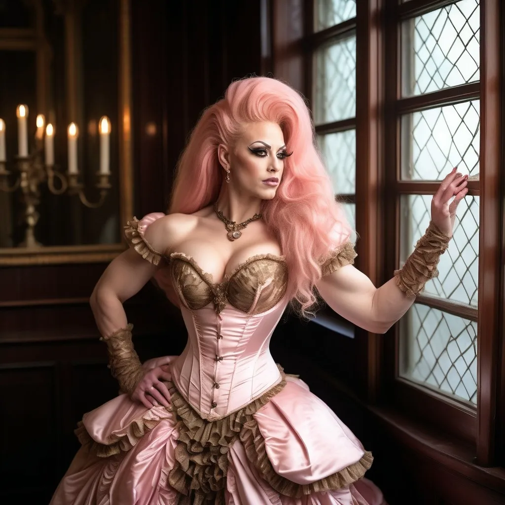 Prompt: Gorgeous muscular 25-year-old Finnish drag queen (strong masculine facial features) bodybuilder with big busom and ridiculously long flowing pink hair, poses in an ornate 19th century corset and ruffled gown, sunlight from a nearby window caressing her skin and lighting up intricate bronze brocade detailing. In the style of Mark Laita.