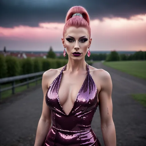 Prompt: Gorgeous muscular 25-year-old Czechian drag queen with pink high tight ponytail, dark eyeshadow and dark lipstick, flowing sequined party dress, romantic outdoor setting, dramatic sky, An ultra-realistic photograph captured with a Sony α7 III camera, equipped with an 85mm lens at F 1.2 aperture setting,  The image, shot in high resolution and a 16:9 aspect ratio, captures the subject’s natural beauty and personality with stunning realism –ar 16:9 –v 5.2 –style raw