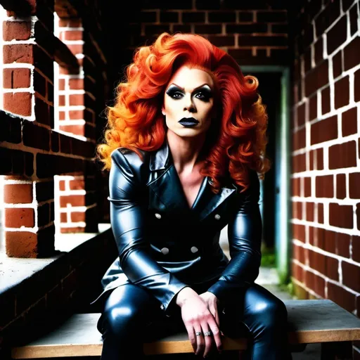 Prompt: Gorgeous ultra-muscular 25-year-old Finnish drag queen sitting on a bench in a dank brick prison cell,. She stared at him down the sharp edges of her cheeks partly hidden behind her curly red hair, her body relaxed as it slouched against the wall. random pose, gothic art, promotional image, a poster