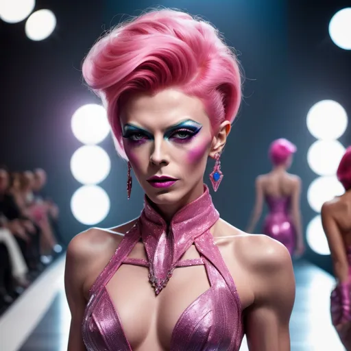 Prompt: A young David Bowie dressed up as a Gorgeous statuesque 25-year-old Russian drag queen bodybuilder runway model with pink hair walking the catwalk at a fashion show.