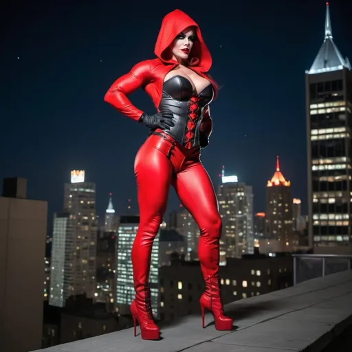 Prompt: Gorgeous ultra-muscular 25-year-old Finnish drag queen bodybuilder dressed as Red Hood ((((DC comic book character)))) with long muscular legs and very well endowed wearing red and black corset, red leather pants and red 8 inch stiletto high heel boots standing on a ledge of a building at night looking out over Gotham Citu.